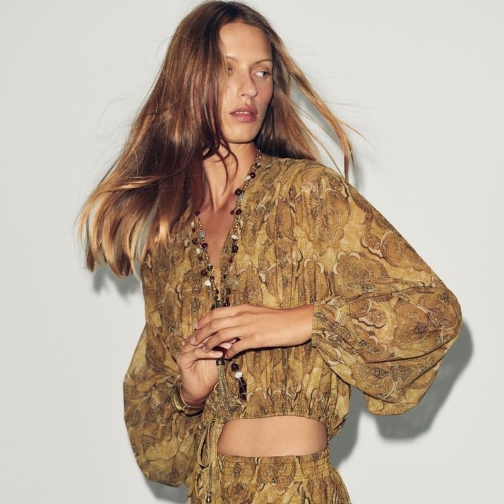 NWT ZARA Floral Sheer Patterned Tie-Front Blouse In Tan/Gold - S - Picture 4 of 11